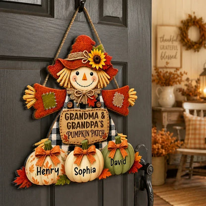 Personalized Wooden Sign with Smiling Scarecrow & Pumpkins, Autumn Porch Decor, Unique Gift for Grandparents