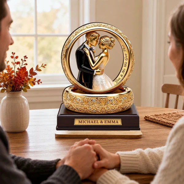 Personalized 2-Layer Wooden Plaque With Golden Embracing Couple, Unique Anniversary Gift For Couples