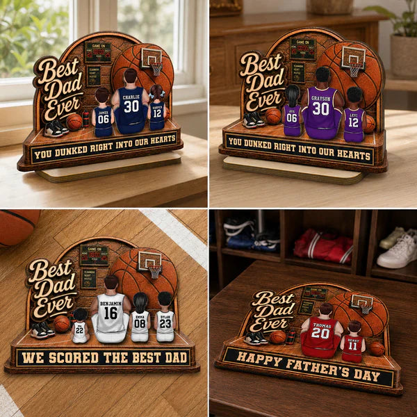 Personalized 2-Layer Wooden Plaque, Basketball Dad & Kids Back-View, Unique Creative Gift for Dad