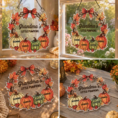 Personalized Acrylic Suncatcher Ornament with Fall Pumpkins, Unique Gift for Grandma's Sunlit Window