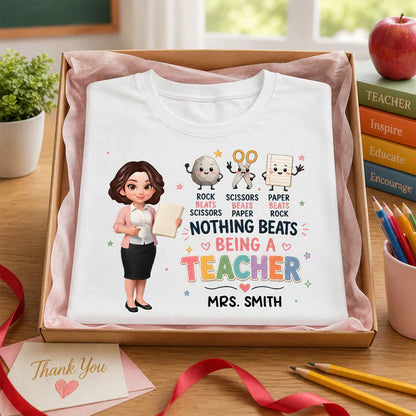 Personalized Classic Tee with Standing Teacher & Rock Paper Scissors Art, Unique Gift for Teachers