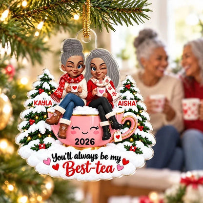 Personalized Acrylic Ornament, Friends Sharing Tea, Heartwarming Christmas Keepsake and Creative Gift for a Close Friend