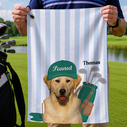 Personalized Waffle Weave Golf Towel With Dog Caddy Art, Unique Golf Course Gift For Dad