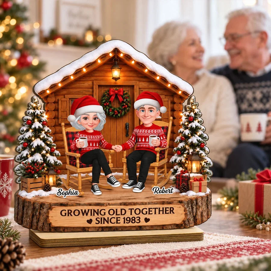 Personalized 2-Layer Wooden Plaque, Couple Holding Hands by a Christmas Cabin, Unique Anniversary Gift