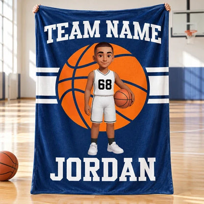 Personalized Fleece Blanket with Cartoon Player Holding a Basketball, Unique Gift for Young Athletes