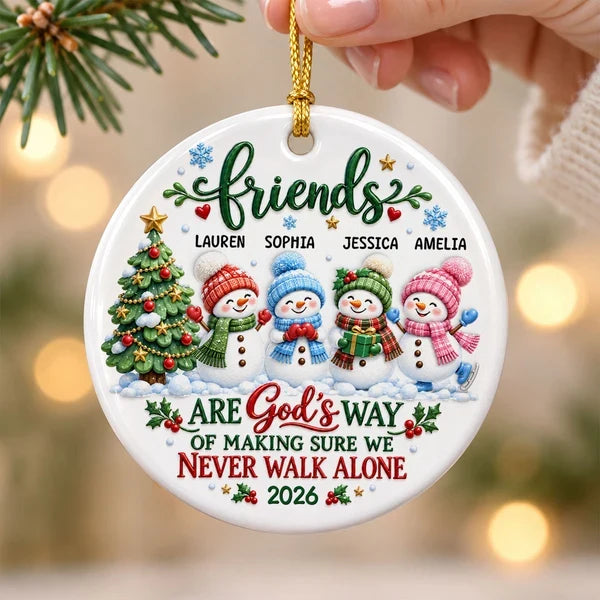 Personalized Ceramic Ornament, Snowman Friends by a Christmas Tree, Unique Gift for Best Friend