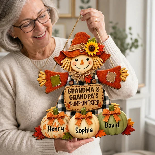 Personalized Wooden Sign with Smiling Scarecrow & Pumpkins, Autumn Porch Decor, Unique Gift for Grandparents