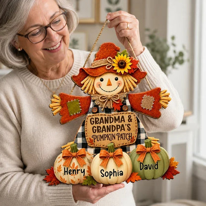 Personalized Wooden Sign with Smiling Scarecrow & Pumpkins, Autumn Porch Decor, Unique Gift for Grandparents