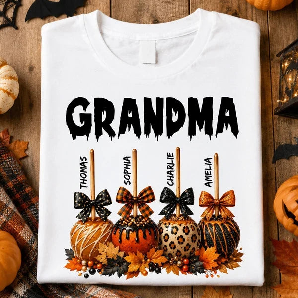 Personalized Grandma Classic Tee, Halloween Caramel Apple Design, Unique Gift for Grandma