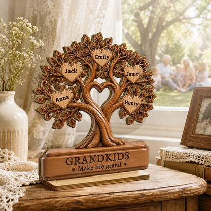 Grandkids Make Life Grand Personalized 2-Layer Wooden Plaque, Warm Brown Family Tree, Unique Gift for Grandparents