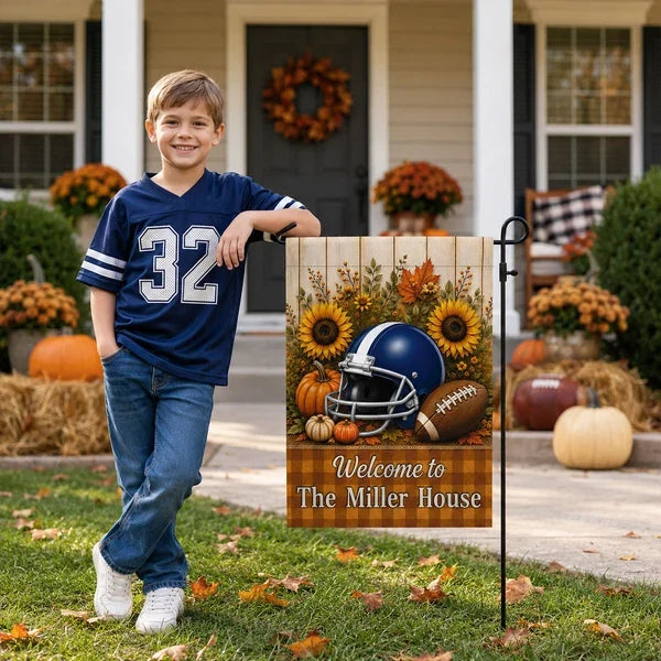 Personalized Garden Flag with Football Helmet, Pumpkins and Sunflowers, Unique Fall Gift for Family