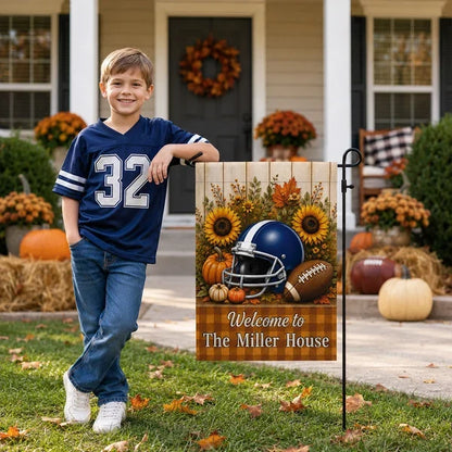 Personalized Garden Flag with Football Helmet, Pumpkins and Sunflowers, Unique Fall Gift for Family