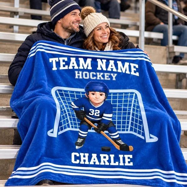 Personalized Fleece Blanket, Blue Hockey Player Goal Scene, Creative Keepsake Gift for Son or Grandson
