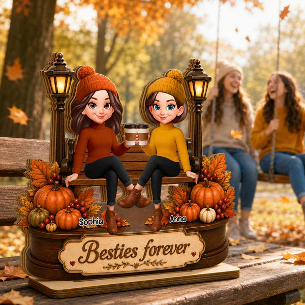 Personalized 2-Layer Wooden Plaque, Besties Forever Fall Scene, Unique Gift for Bestie