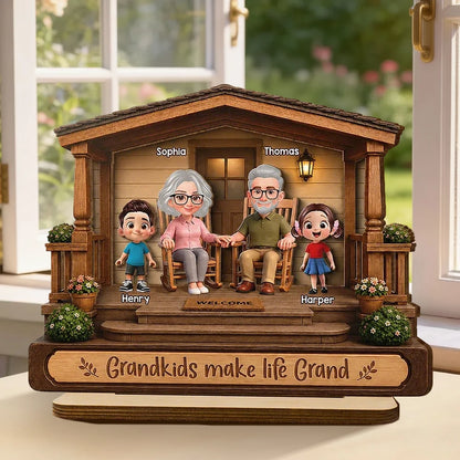 Personalized 2-Layer Wooden Plaque, Warm Cartoon Grandparents & Grandkids Porch Scene, Unique Gift for Grandparents