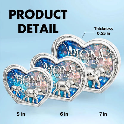 Personalized Shaped Acrylic Block Plaque with Elephant Family in Heart, 'Mom We Love You' Unique Gift for Mom