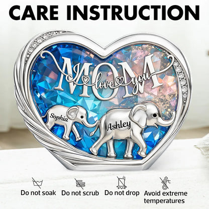 Personalized Shaped Acrylic Block Plaque with Elephant Family in Heart, 'Mom We Love You' Unique Gift for Mom