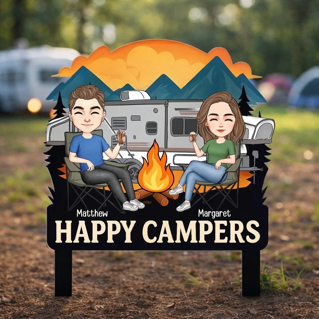 Happy Campers Welcome To Our Campsite Personalized Metal Garden Stake, Unique Gift For Camping Couples