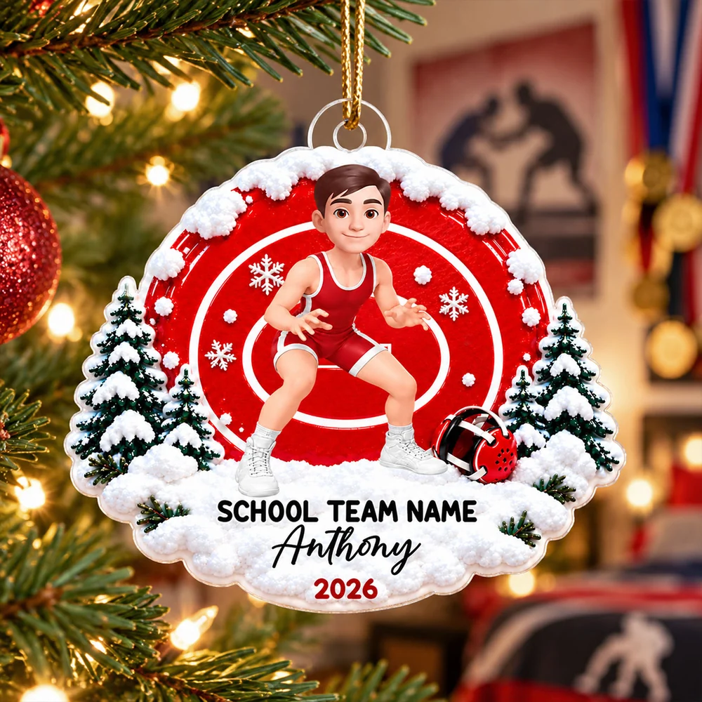 Personalized Acrylic Ornament, Young Wrestler in Action on a Snowy Mat, Unique Christmas Gift for Kids