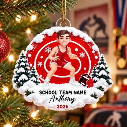 Personalized Acrylic Ornament, Young Wrestler in Action on a Snowy Mat, Unique Christmas Gift for Kids