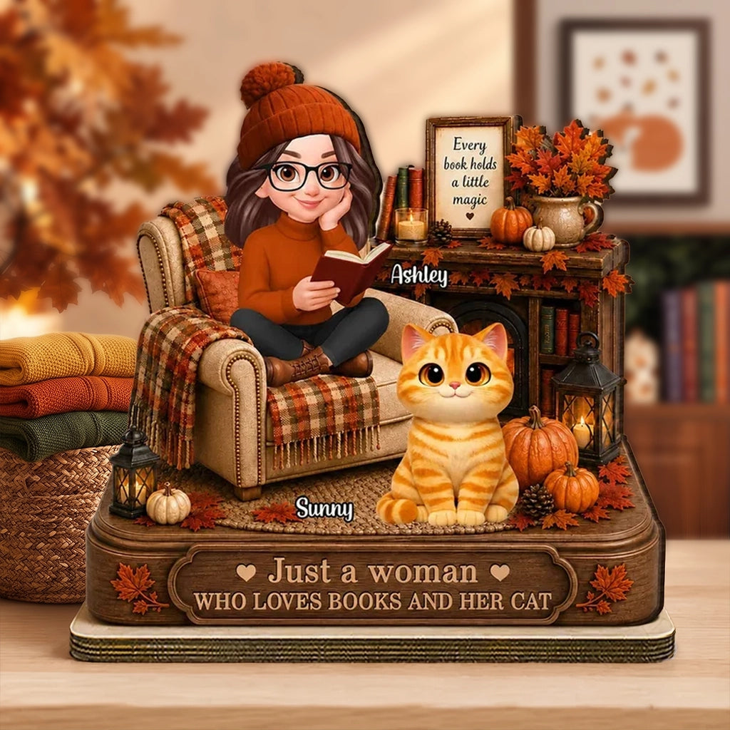 Personalized 2-Layer Wooden Plaque, Woman Reading With Her Cat, Warm Fall Keepsake, Unique Gift for Women Readers