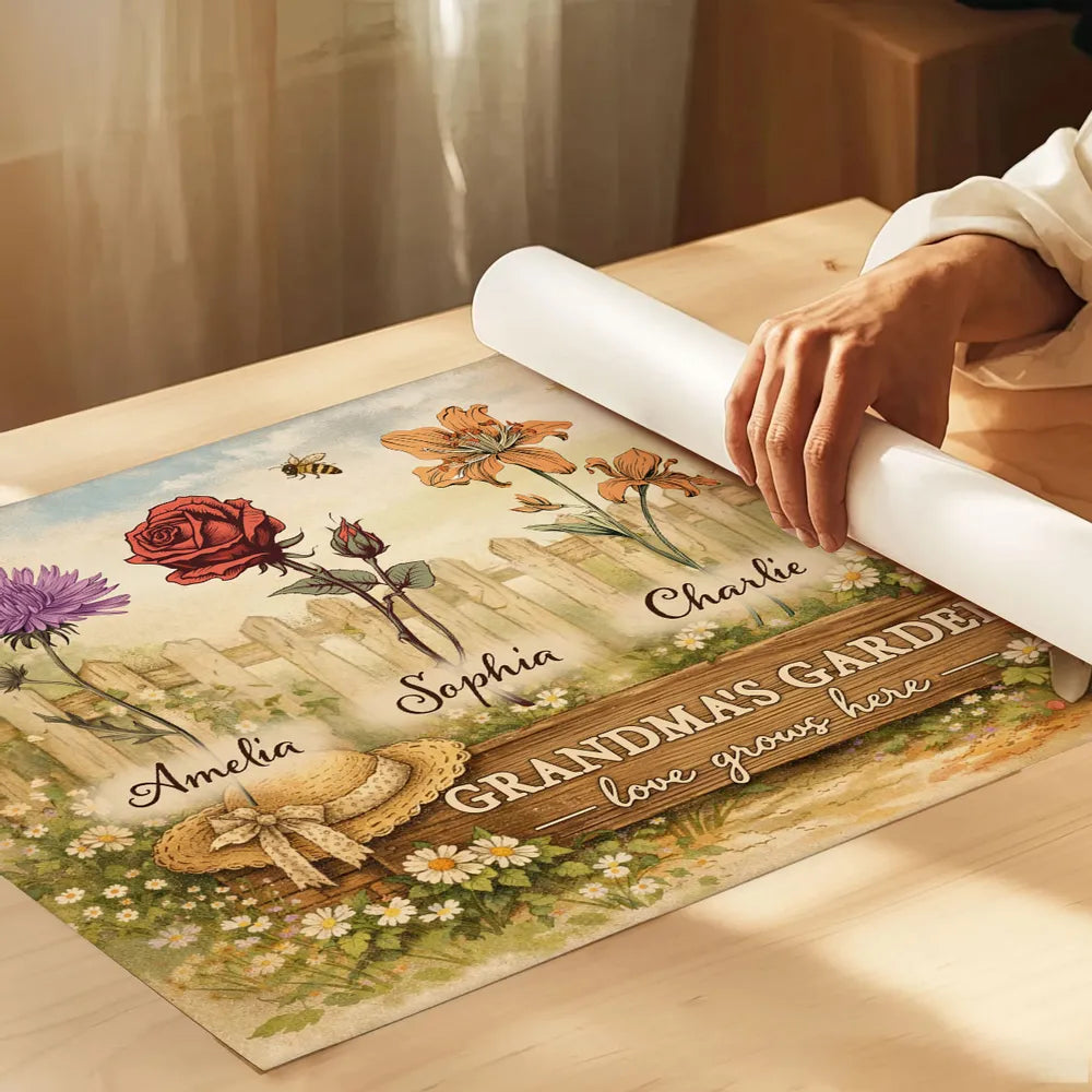 Personalized Grandma's Garden Flowers Poster, Vintage Cottagecore Wall Art, Unique Gift for Grandma or Mom