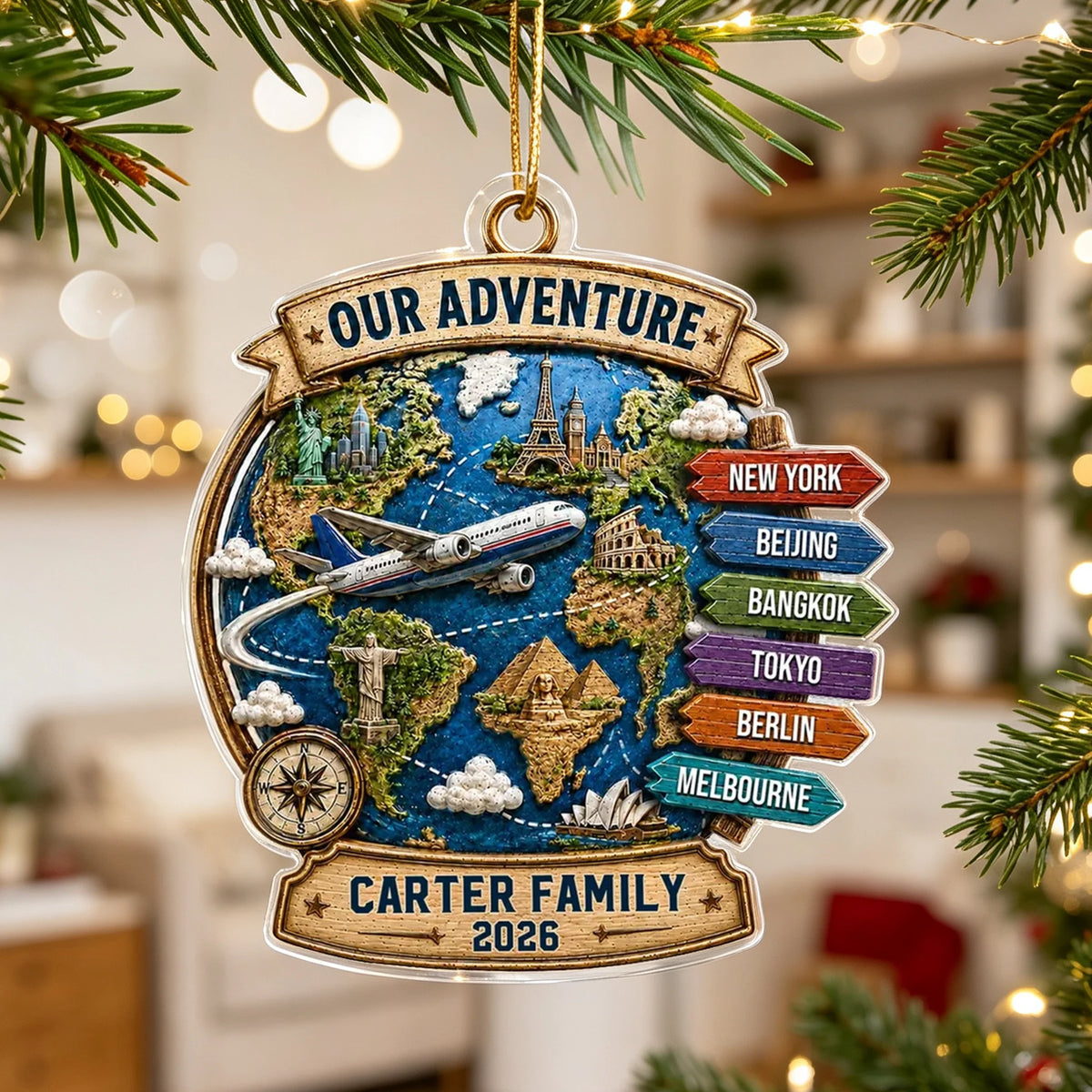 Our Adventure Acrylic Ornament, Personalized Travel Keepsake with Landmarks, Unique Gift for Couple and Family
