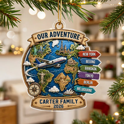 Our Adventure Acrylic Ornament, Personalized Travel Keepsake with Landmarks, Unique Gift for Couple and Family