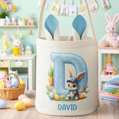 Personalized Bunny Ears Bucket Bag with Alphabet Patch, Cute Easter Bunny Scene, Unique Gift for Kids