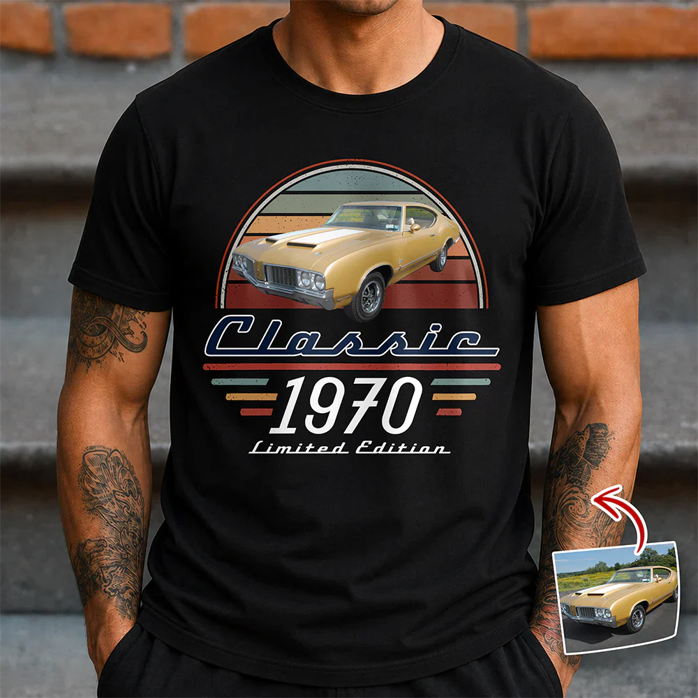Personalized Classic Tee With Custom Car Photo & Retro Stripes, Unique Gift For Dad Grandpa Husband