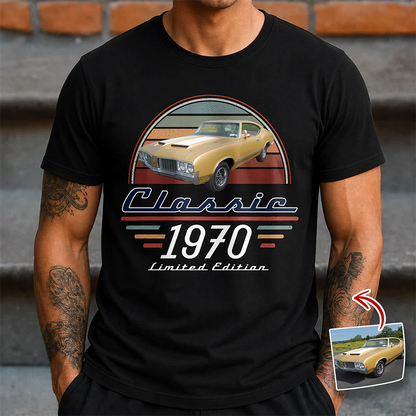 Personalized Classic Tee With Custom Car Photo & Retro Stripes, Unique Gift For Dad Grandpa Husband
