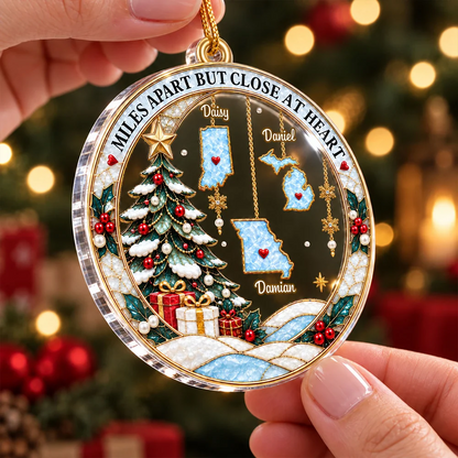 Personalized Acrylic Ornament, Snowy Christmas Tree and Family Map Scene, Creative Gift for Long-Distance Family
