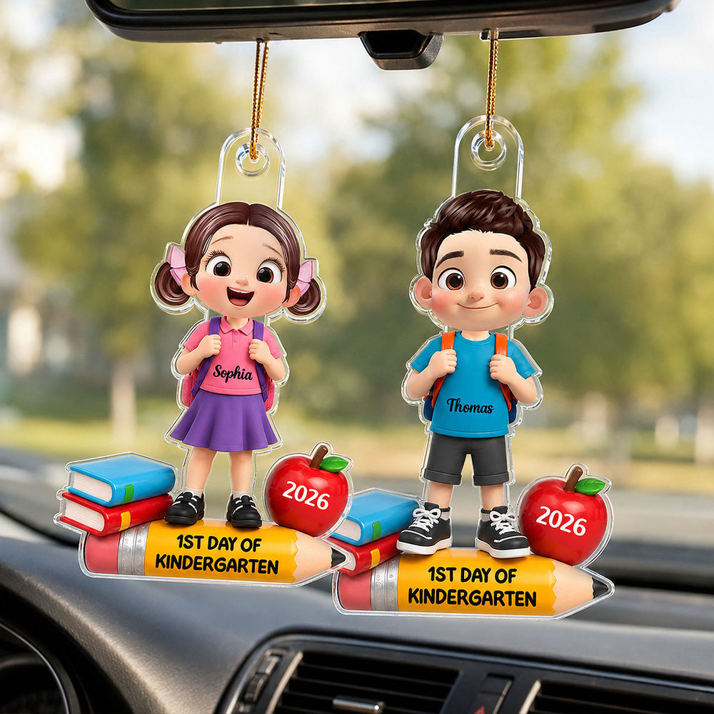 Personalized Acrylic Ornament, Colorful Cartoon Child Wearing Backpack in Classroom, Unique Kindergarten Gift