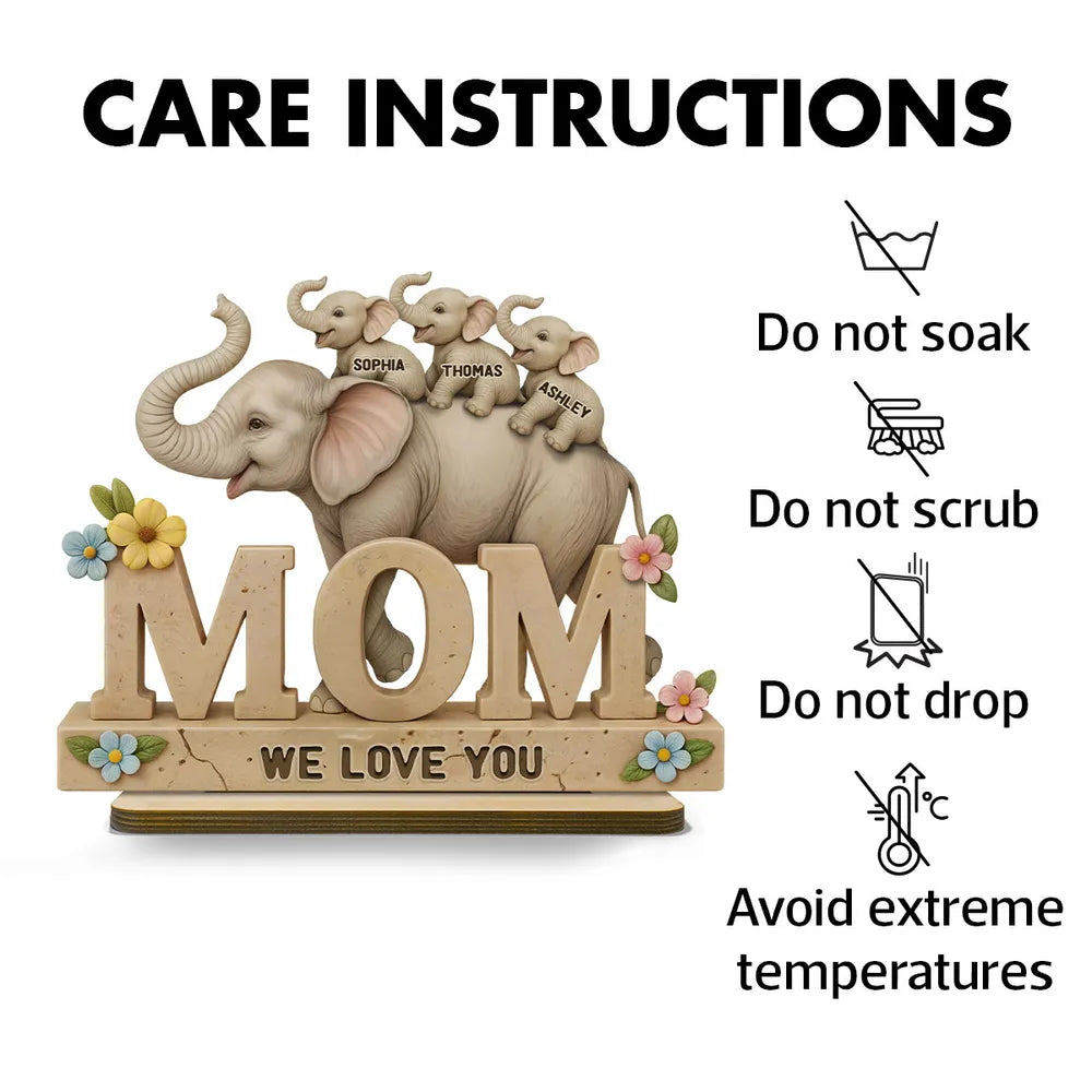 Personalized 2-Layer Wooden Plaque with Elephant Mom and Calves, We Love You Message, Unique Gift for Mom