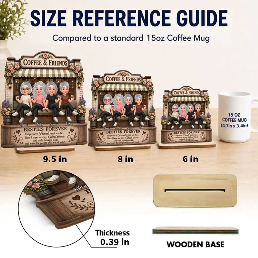 Personalized 2-Layer Wooden Plaque, Seated Friends with Coffee, Unique Gift for Besties