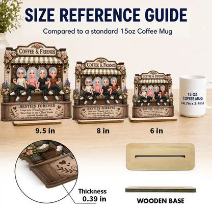 Personalized 2-Layer Wooden Plaque, Seated Friends with Coffee, Unique Gift for Besties