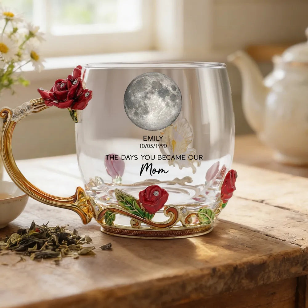 Personalized Enamel Flower Tea Cup with Custom Moon Phase for Mom - A Unique Gift That Celebrates Her Story