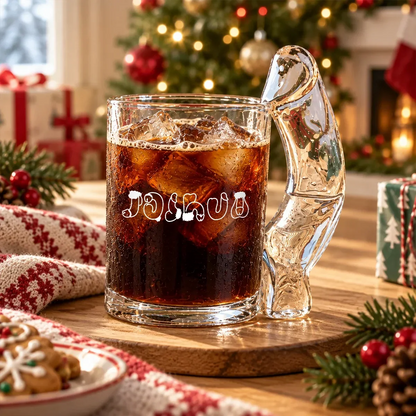 Personalized Curved Handle Glass Mug with Festive Lettering, Unique Gift for Coworker