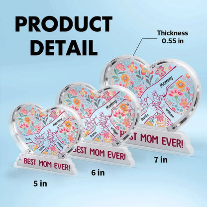 Personalized Shaped Acrylic Block Plaque with Kids Holding Hands, Floral Boho Heart Decor, Unique Mother's Day Gift for Mom