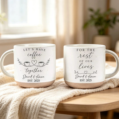 Romantic Pottery Mug with Coffee Cup Illustration, Personalized Keepsake, Creative Gift for Couples