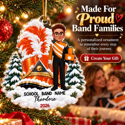 Personalized Acrylic Ornament, Proud Marching Band Memory in Snowy Pines, Creative Christmas Gift for Grandson