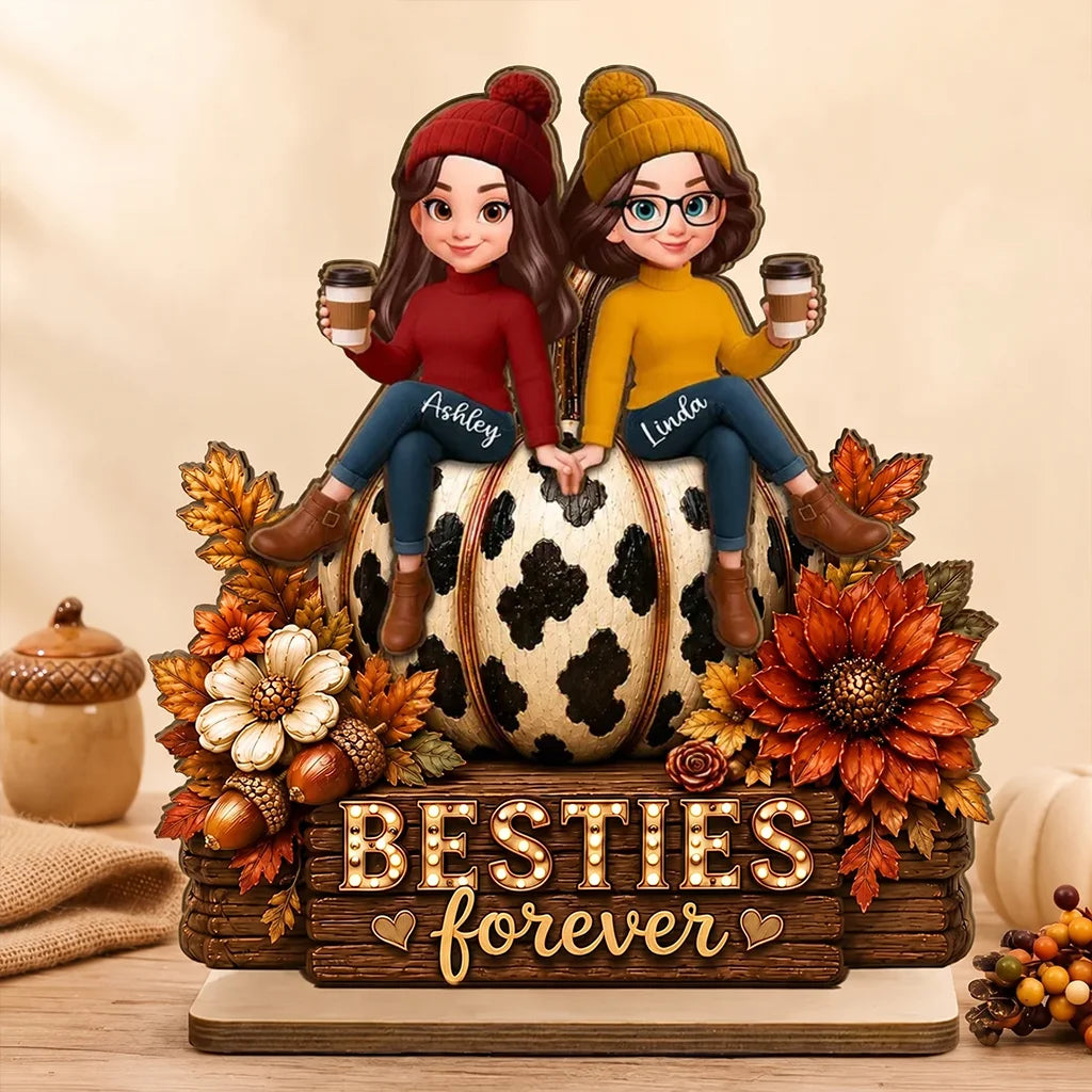 Personalized 2-Layer Wooden Plaque with Friends on Pumpkin, Autumn Coffee Decor, Unique Gift for Close Friend
