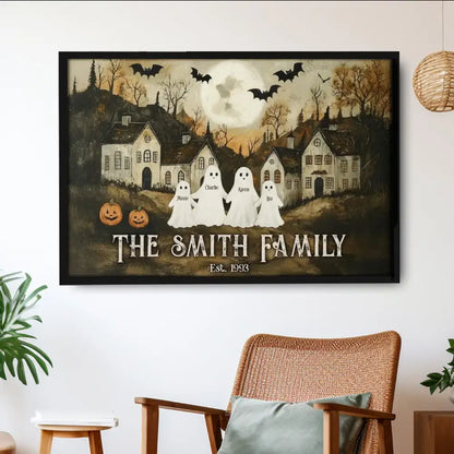 Halloween Family Ghost Poster | Vintage Pumpkins and Moonlit Scene, Perfect Gift for Home Décor