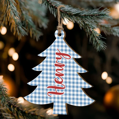 Personalized Wooden Ornament, Plaid Christmas Tree Keepsake, Unique Gift for Family