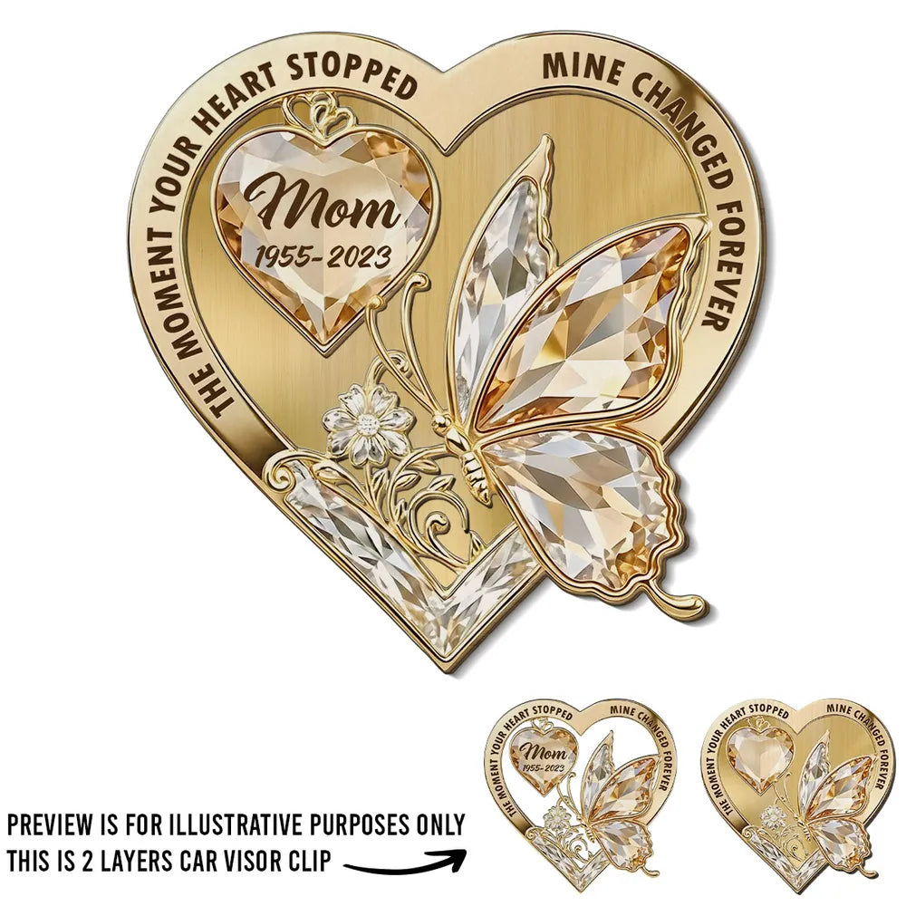 Personalized 2-Layer Wooden Car Visor Clip Heart Butterfly Memorial Gift for Mom - A Daily Reminder of Love