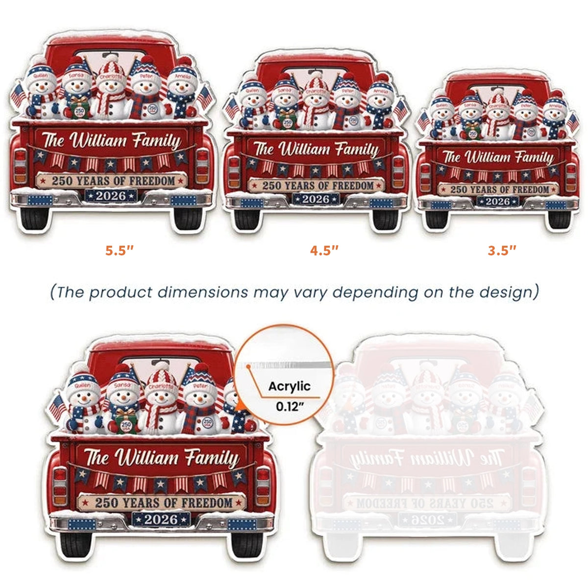 Acrylic Fridge Magnet, Personalized America 250th Snowman Family Scene, Creative Christmas Keepsake for Mom & Dad