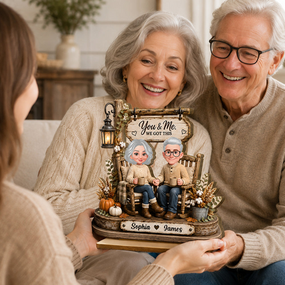 Personalized 2-Layer Wooden Plaque, Couple Holding Hands in Rocking Chairs, Unique Anniversary Gift