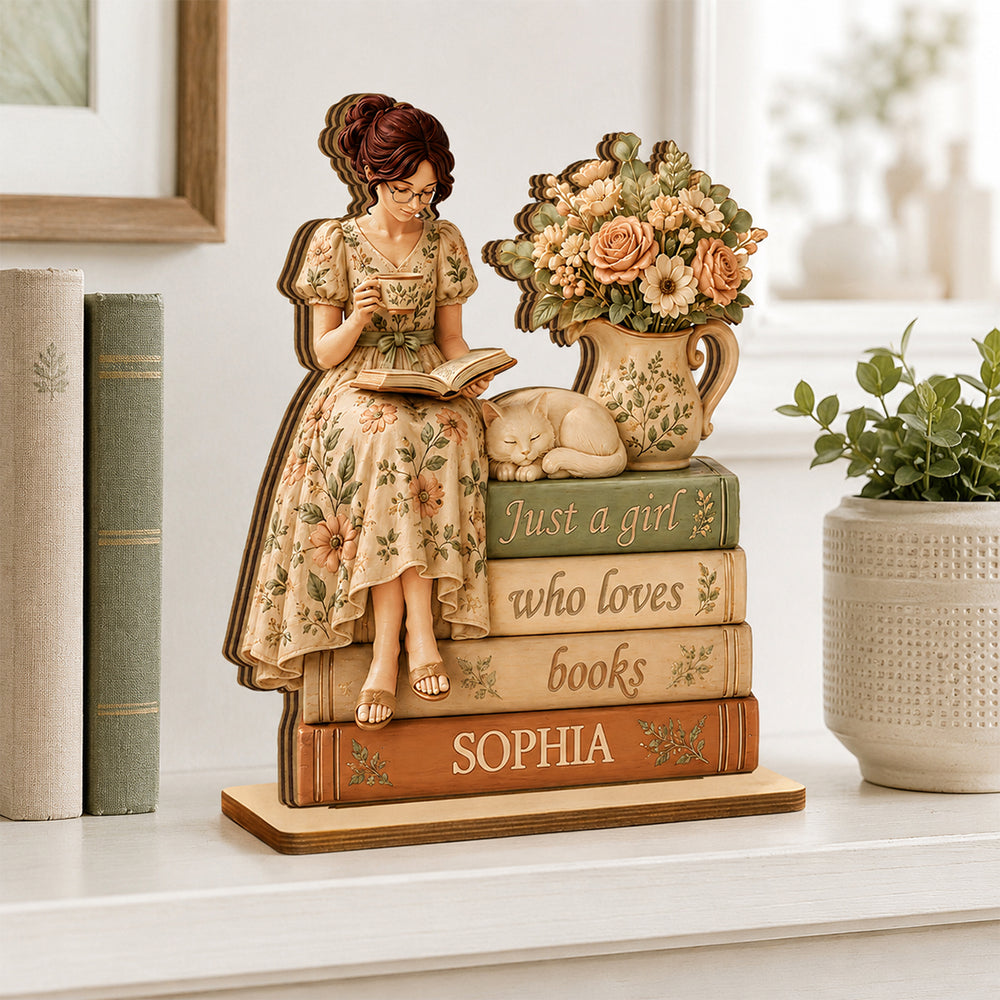 Personalized 2-Layer Wooden Plaque, Cottagecore Girl Reading with Cat, Unique Gift for Book Lovers