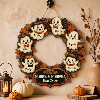 Personalized Halloween Wooden Sign, Retro Ghost Wreath Decor, Unique Gift for Grandma & Grandpa