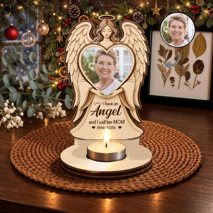Personalized Wooden Candle Holder with Angel Holding a Heart Portrait, Unique Memorial Gift for Family